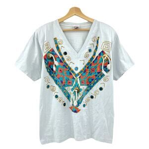 Sweet Blondie (OS)(XL) American VINTAGE 80s White Southwestern Tee Shirt T-Shirt